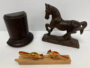 lot 229 image: Group Including Hand Carved Horse Statue, Wood Half Pedestal And Hand Carved Wood Toy