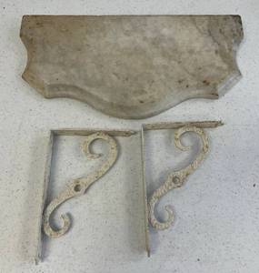 lot 236 image: Antique White Marble Shelf And Two Metal Brackets 16 x 8 x 1