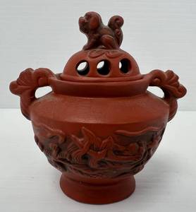 lot 249 image: Antique Oriental Pottery Incense Burner With Lid With Dragon Theme 4x 4 x 2 12 (No Cracks Or Chips)
