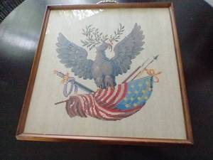 lot 91D image: American Eagle Framed with Glass  Counted Cross Stitch. 