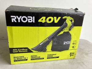 lot 26 image: Ryobi 40V Vac Attack Cordless Leaf VacuumMulcher with 5.0 Ah Battery and Charger