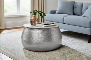 lot 67 image: Home Decorators Collection Calluna 31 in. Silver Medium Round Metal Coffee Table with Lift Top