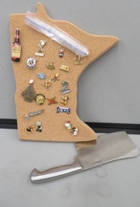 CORK BOARD WITH PINS AND SCHNUCKS CLEAVER