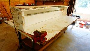 Large two sided workbench electrical outlets on both sides 8 feet long by 5 feet deep includes bench vise
