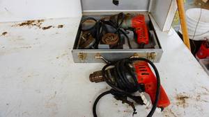 Milwaukee drill and metal carrying case of Miscellaneous garage items