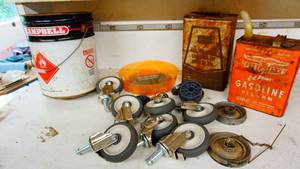 Eagle gas can, Campbell pail, casters etc.
