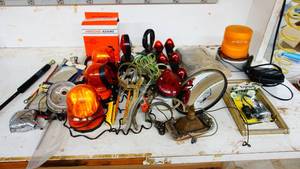 Various garage items including automobile lights etc.