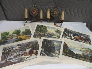 ANTIQUE LIGHT FIXTURE & CURRIER & IVES PRINTS IN PAPER SLEEVE