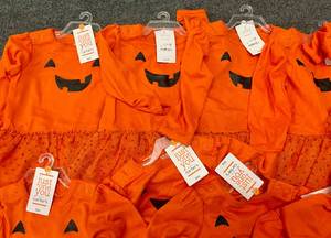 lot 75 image: Lot of 10 Carters Infant Halloween One Piece Pumpkin Outfits