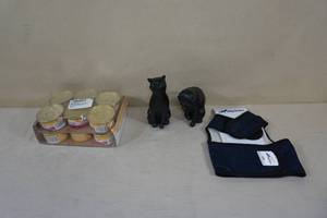lot 79 image: Fancy Feast Purina Cat Food-12 Cans, Cat Harness  Size Small, 2 Cat Statues