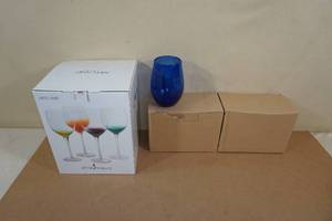 lot 111 image: Set of Three Goblets with Four Artland Cobalt Blue Stemless Wine Glasses