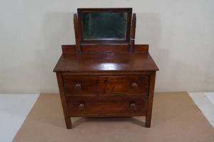 lot 161 image: Antique Oak Wood Doll Dresser with Tilt Mirror - Appears Handmade
