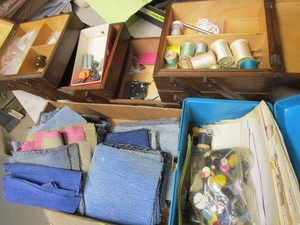 lot 488 image: Denim quilting squares, sewing box,...