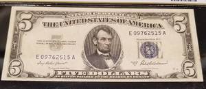 1953-A US $5 BLUE SEAL SILVER CERTIFICATE VF30 PCGS CERTIFIED