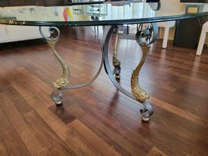 lot 15 image: Fabulous Round Beveled Glass Topped Dining Table with Brass Dolphin Legs