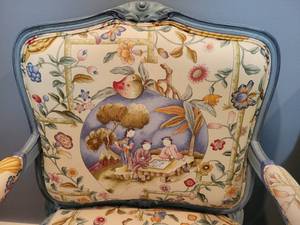 lot 24 image: A pair of French Style Armchairs with OrientalChinese images.