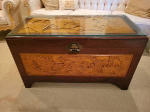 lot 42 image: Carved Oriental Cedar Chest with original Brass Lock and Key. Warriors and Battles Images. Vintage