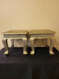 lot 60 image: A pair of Side Tables clad in floral embossed silver metal.