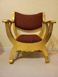 lot 74 image: Vintage Gold Framed Armchair  Throne upholstered in Red and Gold Plush Fabric.
