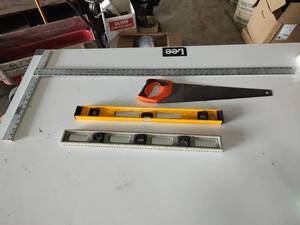 lot 46 image: tools square levels and hand saw