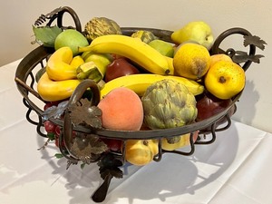 lot 20 image: Beautiful Large Metal Decorative Center Piece Bowl filled with Faux Fruit