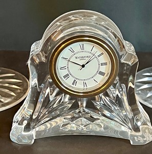 lot 174 image: Pair of Waterford Candleholders and Small Decorative Crystal Clock