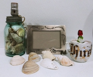 Ball Mason Jar Lamp, Seashells, Mother Frame, Cup and Glass Rose