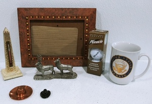 Picture Frame, NoDak Tin Hat, Thermometer, Coffee Cup and Golf Balls