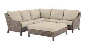 Windsor 4-Piece Brown Wicker Outdoor Patio Sectional Sofa with Ottoman and Biscuit Tan Cushions(SEE PHOTOS)