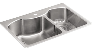 lot 85 image: KOHLER K-3844-1-NA Octave 33 x 22 Top-Mount LargeMedium Double-Bowl Kitchen Sink with Single Faucet Hole, Stainless Steel