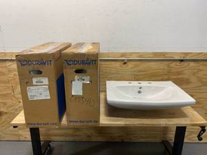 lot 109 image: DURAVIT Lot of 3-  Caro 27-12 Ceramic Bathroom Sinks for Wall Mounted or Pedestal Installations with Widespread Faucet Holes and Overflow