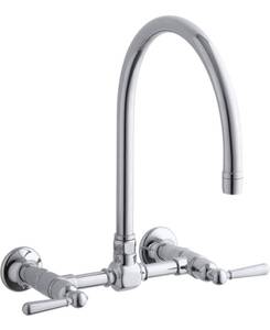 lot 134 image: KOHLER K-7338-4-S HiRise Stainless Wall Mount Bridge Kitchen Faucet, Polished Stainless (Retails for $1,573.89)