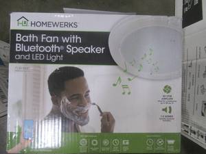 lot 251 image: HOMEWERKS 80 CFM Ceiling Mount Bathroom Exhaust Fan with Bluetooth Speaker and LED Light. Model #7130-18-BT (OPEN BOX)