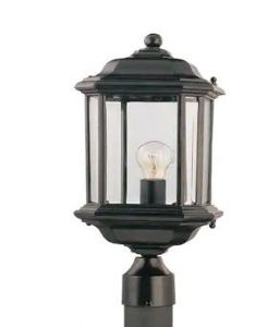 lot 281 image: SEA GULL LIGHTING Kent 1-Light Black Outdoor Lamp Post Light with Clear Beveled Glass (OPEN BOX) 82029-12