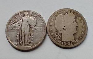 2 90% Silver Quarters - Barber & Standing Liberty