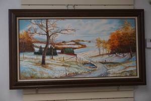 wood framed oil on canvas farm scene