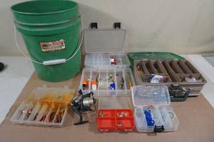 lot 125 image: Bucket with Tackle and Abu Garcia Reel