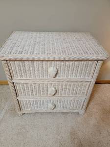 White Washed Wicker 3 Drawer Dresser Chest