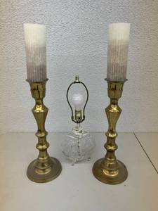 lot 32 image: Solid Brass Candleholders & Lamp