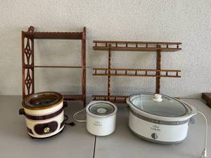 lot 318 image: Wood Wall Shelving & Crock Pots