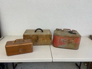lot 366 image: Gas Can, Tackle Box & Wood Tool Box