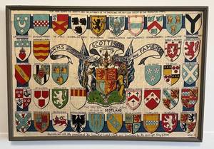 lot 21 image: 30 x 20 14 Framed Fabric With Arms Of The Scottish Clans And Families