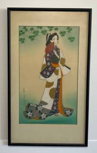 lot 29 image: 23 x 13 12 Framed Behind Glass Japanese Original Silk Painting Of A Geisha Girl By Kiyohiko