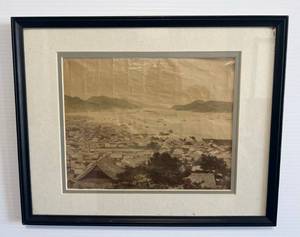 lot 30 image: 14 34 by 11 34 Framed Behind Glass Rice Paper Photo  Of Japanese Town