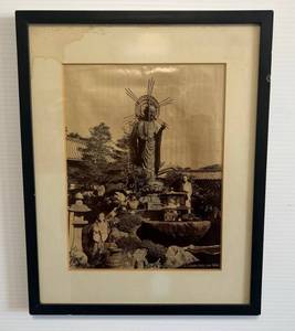 lot 31 image: 14 34 by 11 34 Framed Behind Glass Rice Paper Photo  Of Japanese Buddha In Garden