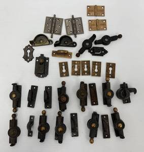 lot 47 image: Antique Ornate Metal Window Latches, Key Hole Guards And More