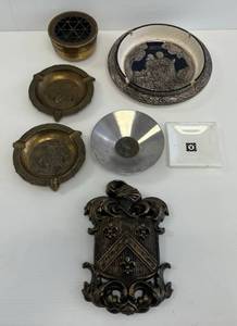 lot 56 image: Group Of Vintage Ornate Brass And Porcelain Ashtrays Including Glass Playboy Ashtray