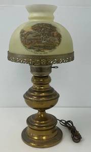 lot 127 image: Vintage Hurricane Table Lamp With Autumn In New England Cider Making (Currier & Ives)  Design (Works) 21 Tall