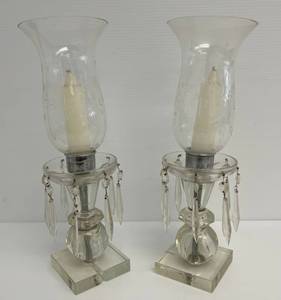 lot 154 image: Pair Of Vintage Glass Candle Holders With Prizms 1 Crack At Bottom Of Glass Flute