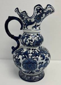 lot 169 image: Large Ceramic Blue And White Pitcher 13 12T x 8 With Floral Pattern (No Chips Or Cracks)